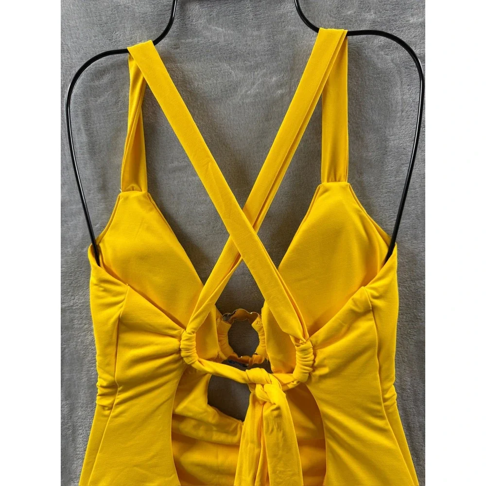 Becca Yellow Beaded Ring One Piece Swimsuit Plunge V-Neck Cross Back Cutout  L